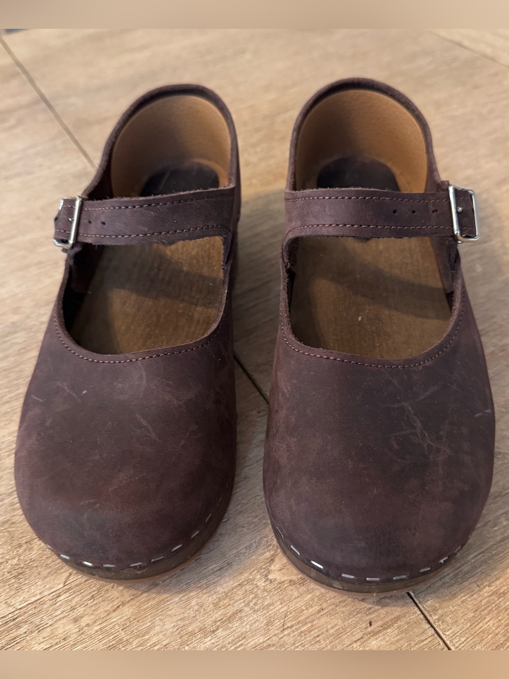Scandinavian Wooden Mary Jane Clogs Brown Oiled Leather EU 40 Handcrafted